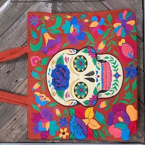 Mexican Artisinal floral and sugar skull tote bag. Dia de los Muertos/ 5 de mayo